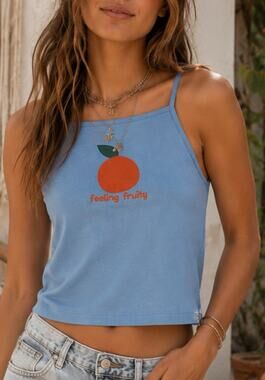 Lucy & Yak Feeling Fruity Graphic Cami Tank Top Blue Organic Cotton Women’s M